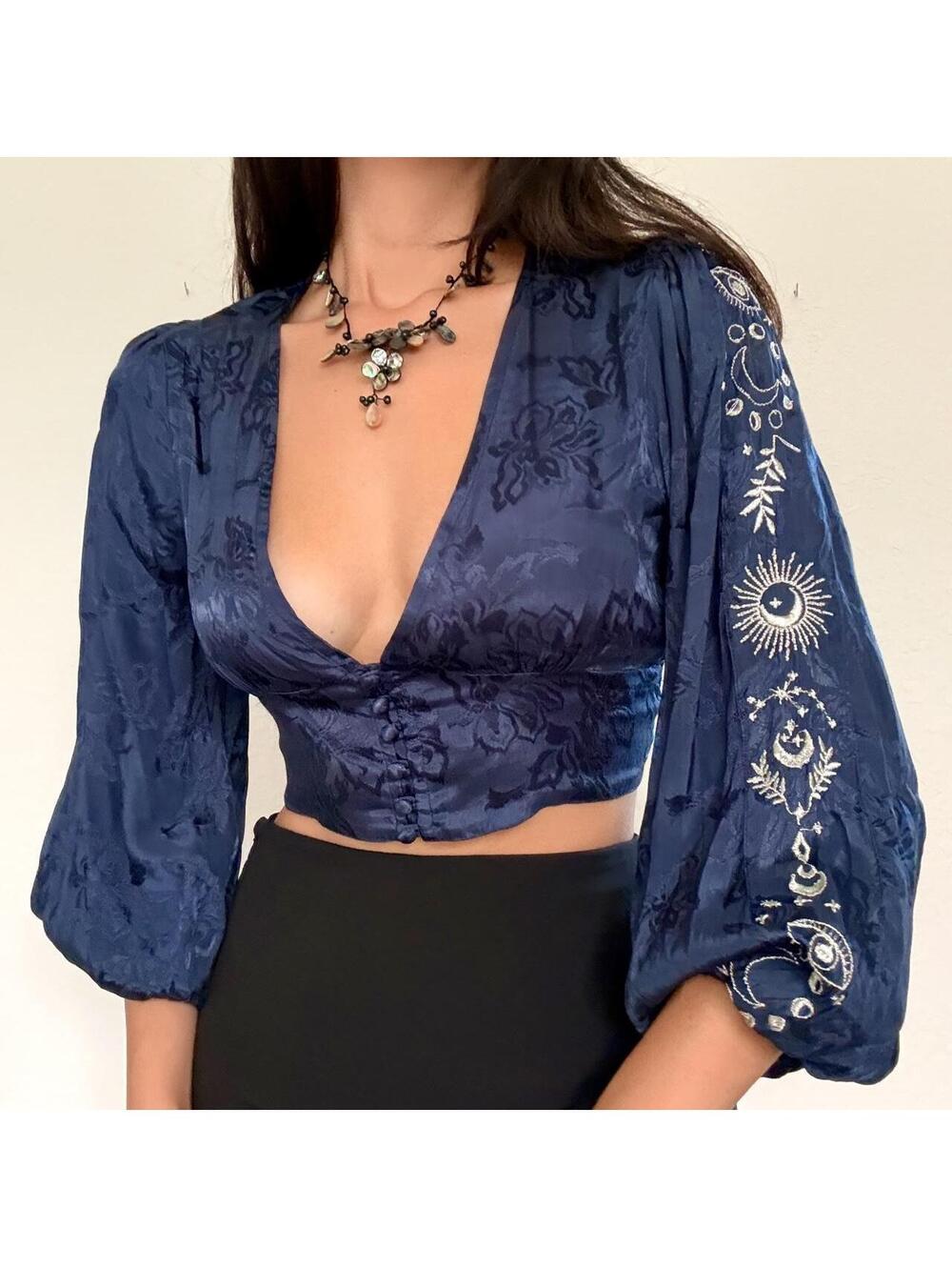 NWT Euro navy blue moon star embroidered blouse